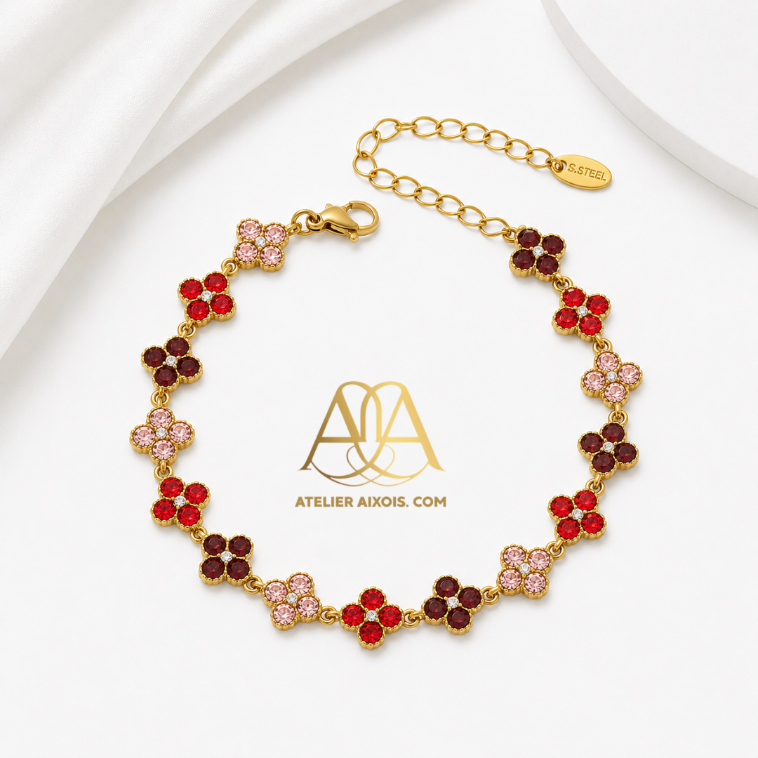 Bracelet trèfle Lady en acier inoxydable de couleur rouge rose par Atelier Aixois